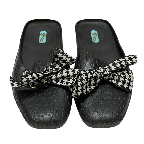OKABASHI BLACK SLIDE SANDALS WITH CHECKERED BOW SZ ML - Picture 4 of 10